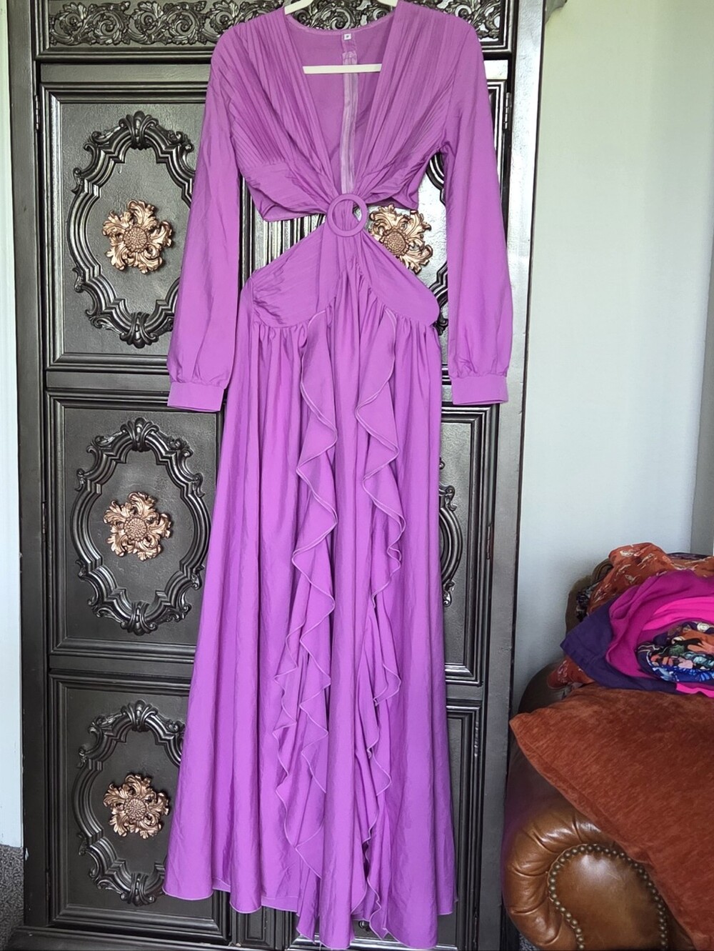 Purple Long Sleeve Cutout Ruffle Maxi Dress